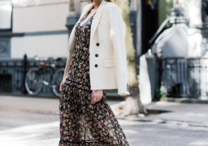 Miss USA 2011 Alyssa Campanella of The A List blog wearing Veronica Beard Tecate Maxi Dress and Peninsula Peak Blazer at NYFW