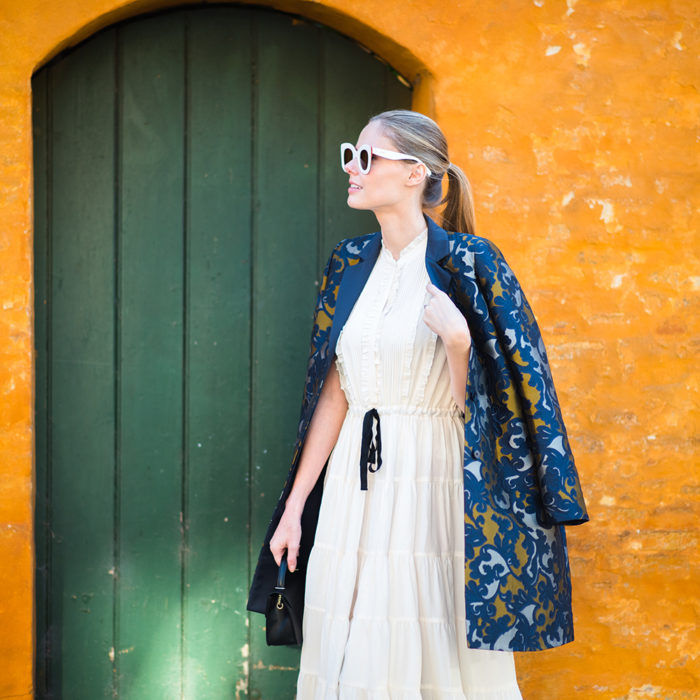 Miss USA 2011 Alyssa Campanella of the A List blog wearing Lafayette 148 New York Guenever Baroque Jacquard Coat in Copenhagen