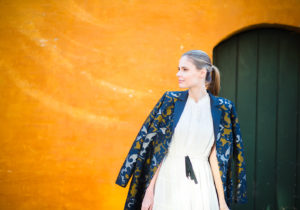 Miss USA 2011 Alyssa Campanella of the A List blog wearing Lafayette 148 New York Guenever Baroque Jacquard Coat in Copenhagen