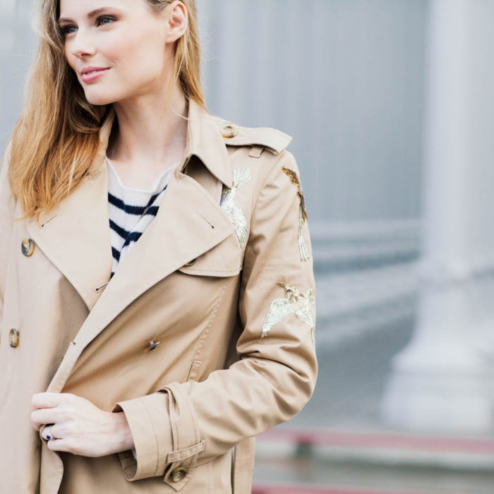 Miss USA 2011 Alyssa Campanella of The A List blog wearing REDValentino Dazzling Birds Trench Coat in Los Angeles