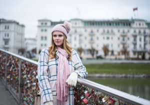 Miss USA 2011 Alyssa Campanella of The A List blog wears Rebecca Minkoff Santo Coat in Salzburg, Austria