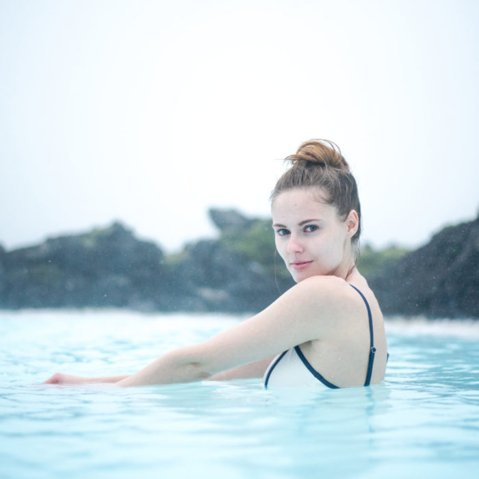 Miss USA 2011 Alyssa Campanella of The A List blog wearing Solid and Striped Lexi suit at the Blue Lagoon in Iceland