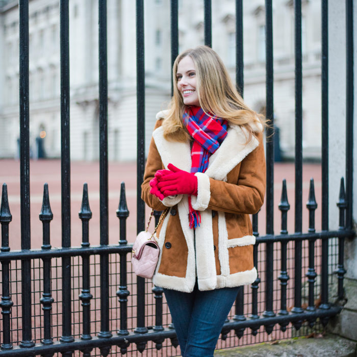 Miss USA 2011 Alyssa Campanella of The A List blog wearing Topshop Faux Shearling Coat at Buckingham Palace in London