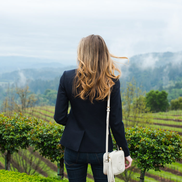 Miss USA 2011 Alyssa Campanella of The A List blog visits Newton Vineyards in Napa, California wearing J. Crew Schoolboy blazer and Frye Dorado Boots