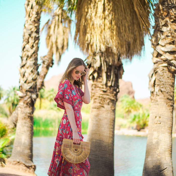 Miss USA 2011 Alyssa Campanella of The A List blog visits Scottsdale, Arizona wearing Spell Byron Bay Half Moon maxi and Cult Gaia Ark bag