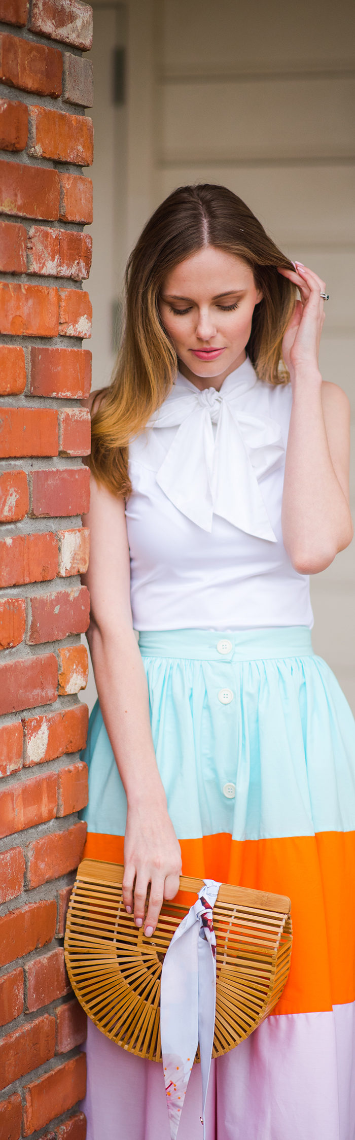 Miss USA 2011 Alyssa Campanella of The A List blog wears MDS Stripes Colorblock skirt at Belmond El Encanto in Santa Barbara