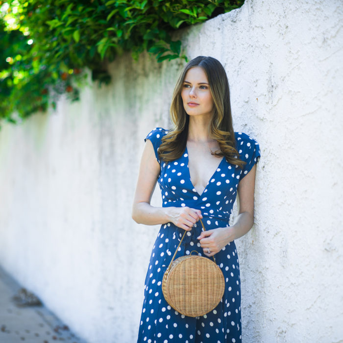 The A List Alyssa Campanella Spring Polka Dots Tularosa dress Serpui Destiny bag