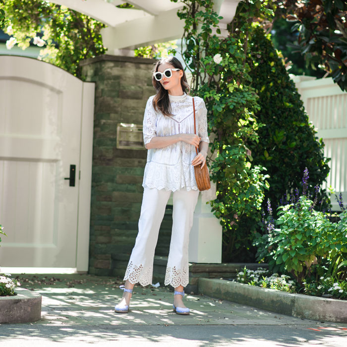 Alyssa Campanella of The A List blog wearing white eyelet Zimmermann top and Rebecca Taylor jeans and MDS Stripes Margaux NY espadrilles.