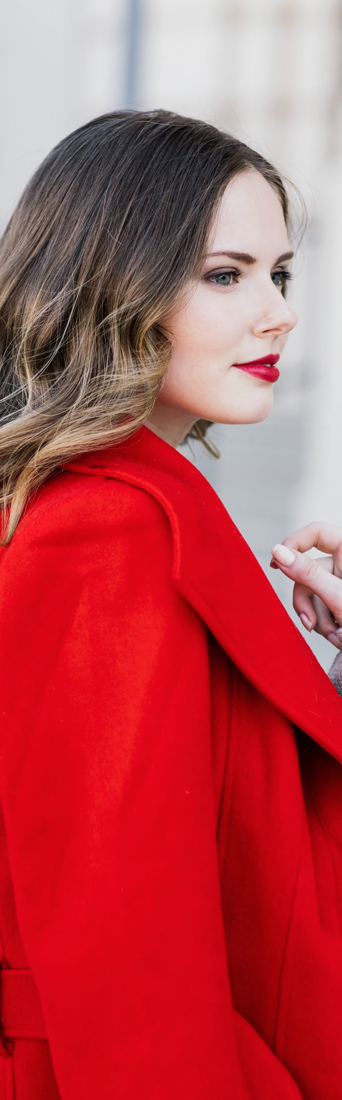 Alyssa Campanella of The A List blog wears Yumi Kim Undercover Red Coat, Jeffrey Campbell Siren boots, and See by Chloe lace up sweater