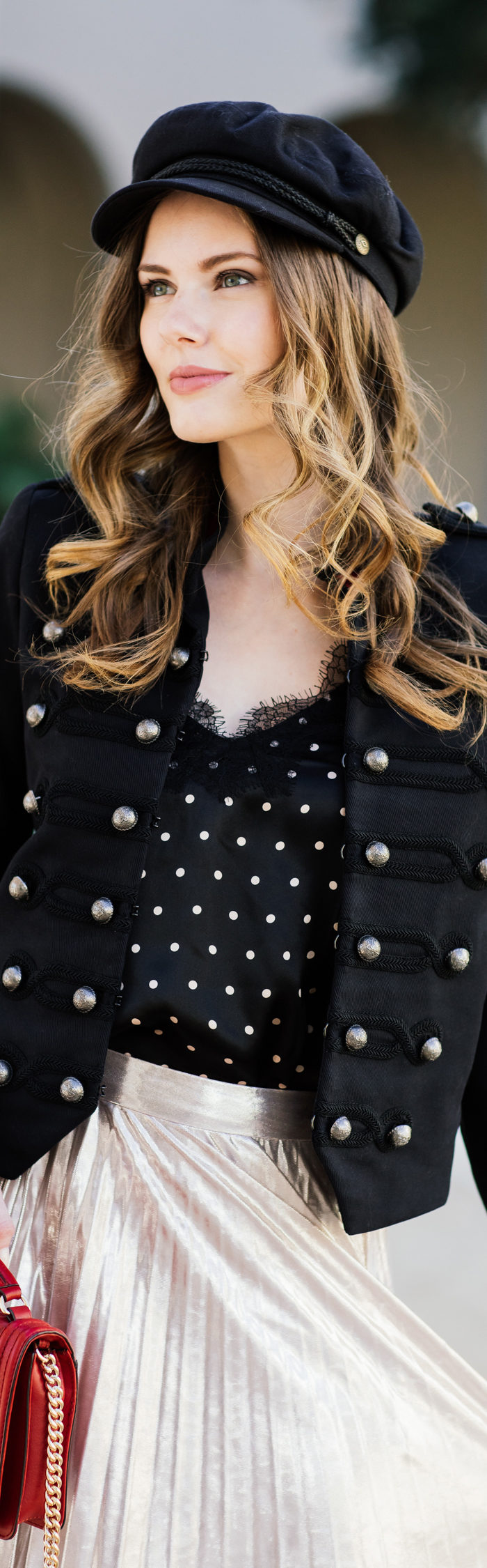 Alyssa Campanella of The A List blog wearing The Kooples military jacket and 1. State pleated skirt