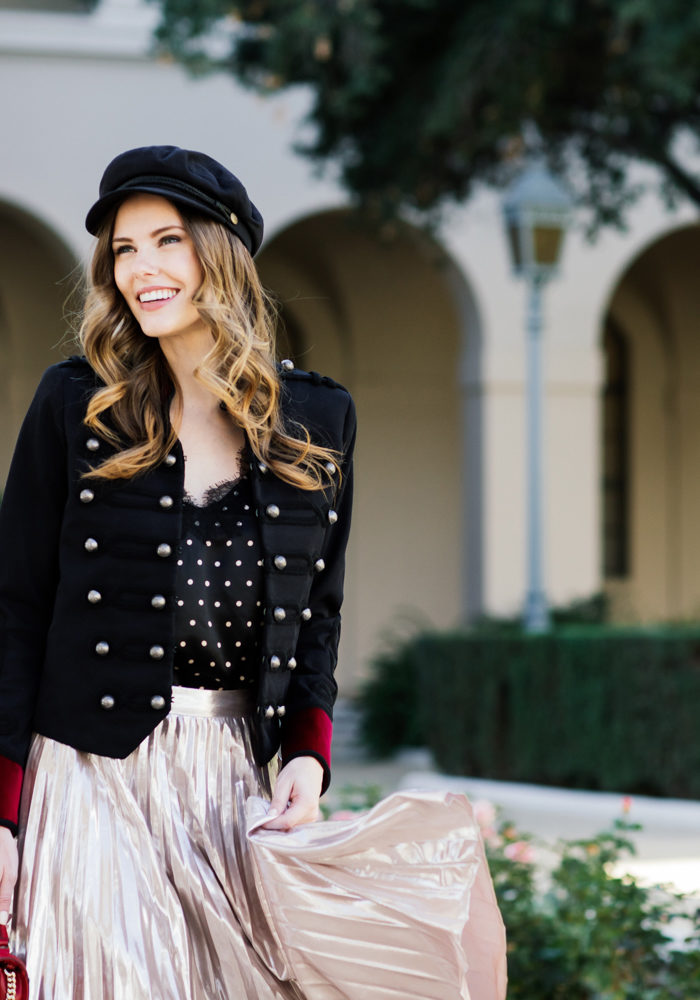 Alyssa Campanella of The A List blog wearing The Kooples military jacket and 1. State pleated skirt