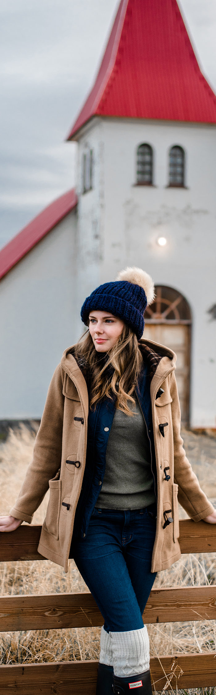 Alyssa Campanella of The A List on a road trip to Siglufjörður, Iceland wearing Gloverall Monty Duffle Coat