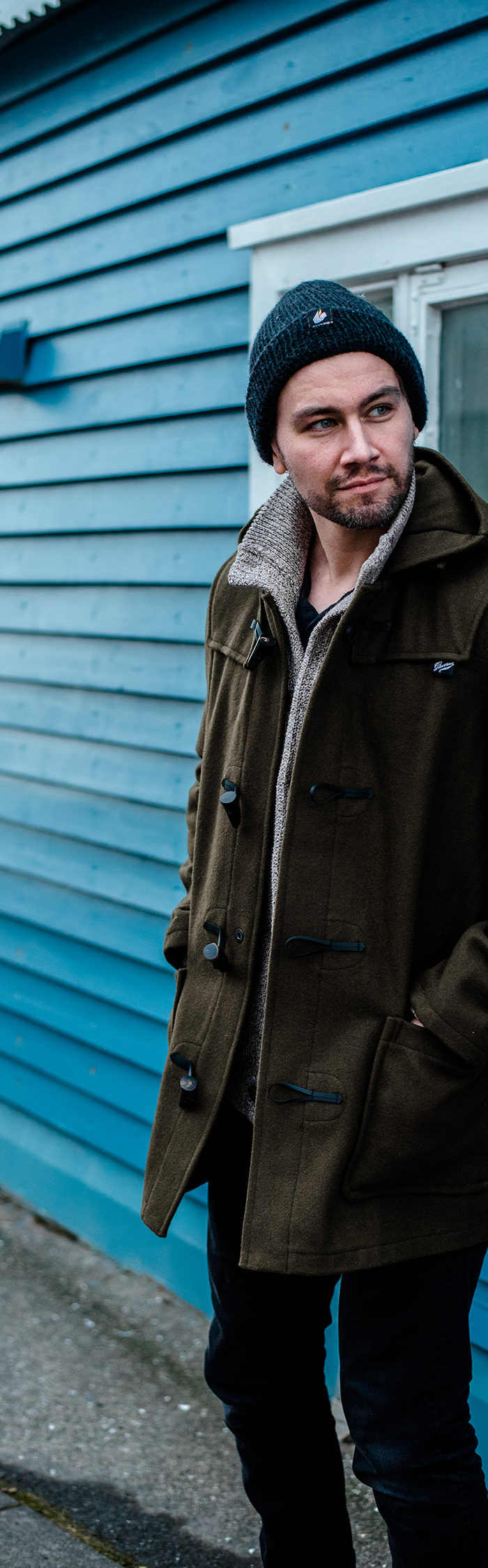 Torrance Coombs visits Isafjordur in Westfjords, Iceland wearing Gloverall monty duffle coat