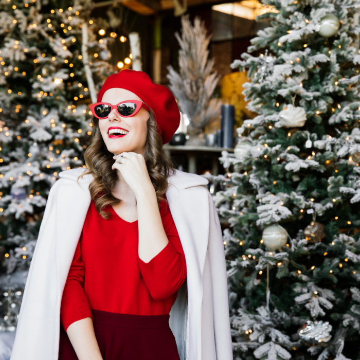 Alyssa Campanella of The A List blog shares her last minute holiday look wearing Talbots cashmere v-neck sweater, Club Monaco Leala red skirt, and a red Topshop beret