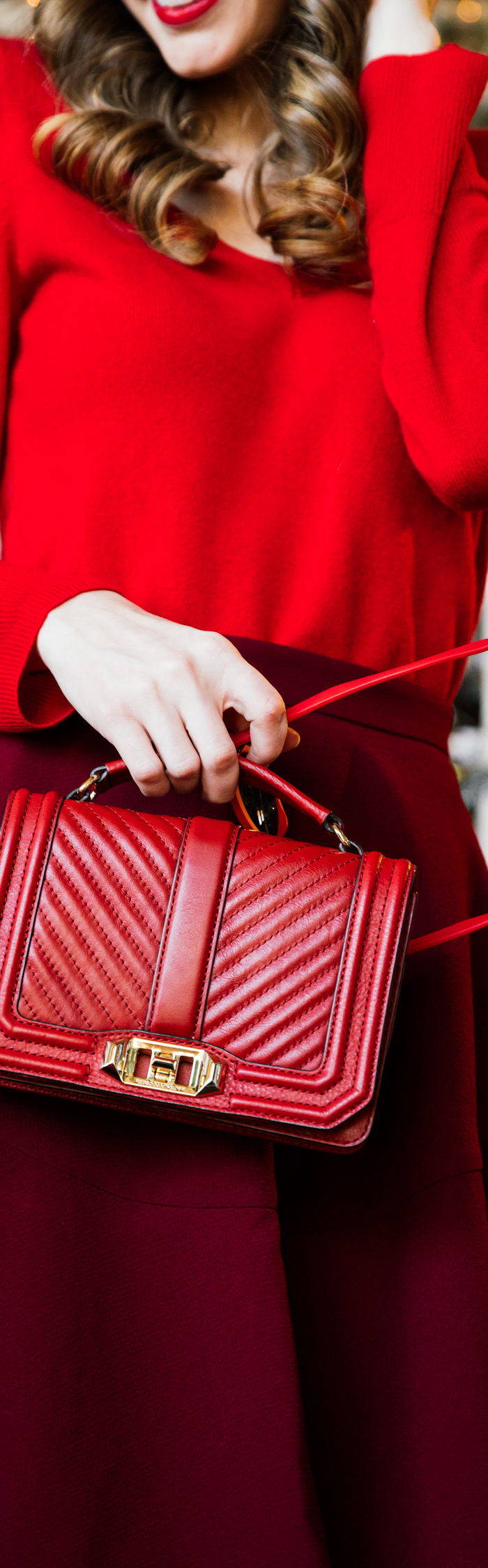 Alyssa Campanella of The A List blog shares her last minute holiday look wearing Talbots cashmere v-neck sweater, Club Monaco Leala red skirt, and a red Topshop beret