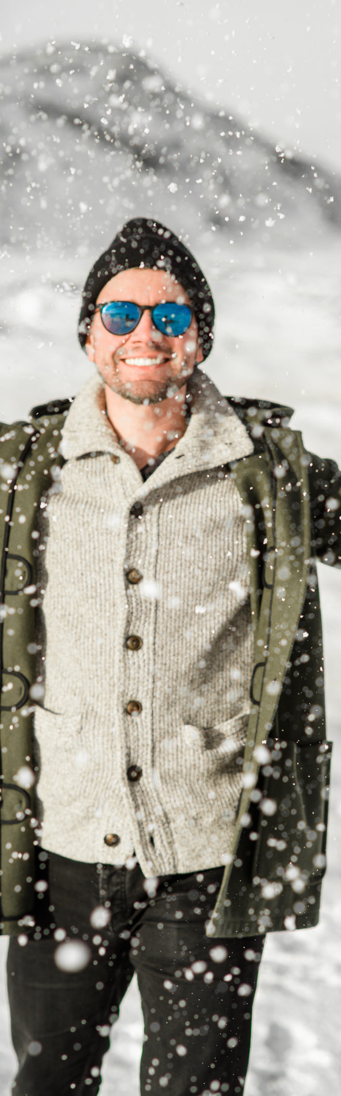 Torrance Coombs visits South Iceland with wife Alyssa Campanella, wearing Gloverall monty duffle coat