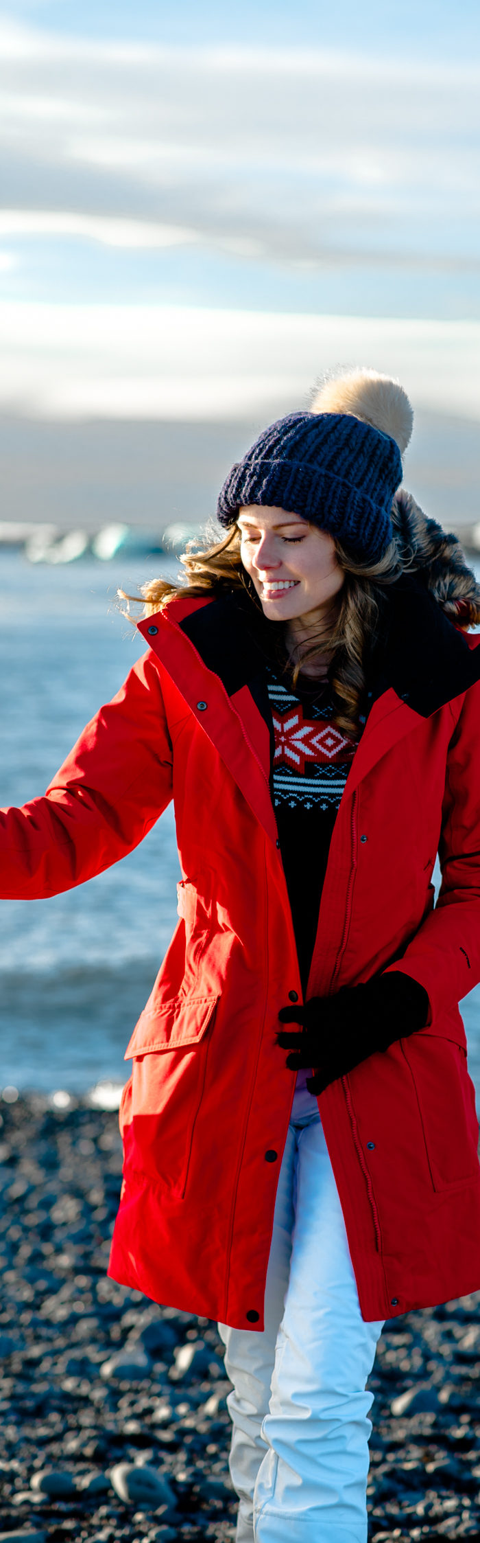 Alyssa Campanella of The A List blog wearing The North Face outer borough parka at Jokulsarlon on a road trip from Akureyri to Vik, Iceland