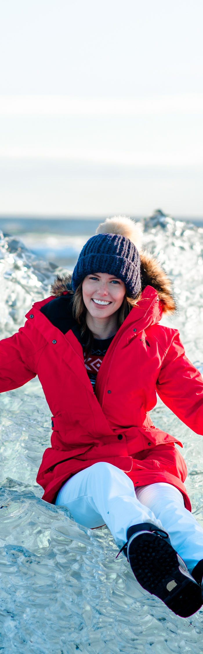 Alyssa Campanella of The A List blog wearing The North Face outer borough parka at Jokulsarlon on a road trip from Akureyri to Vik, Iceland