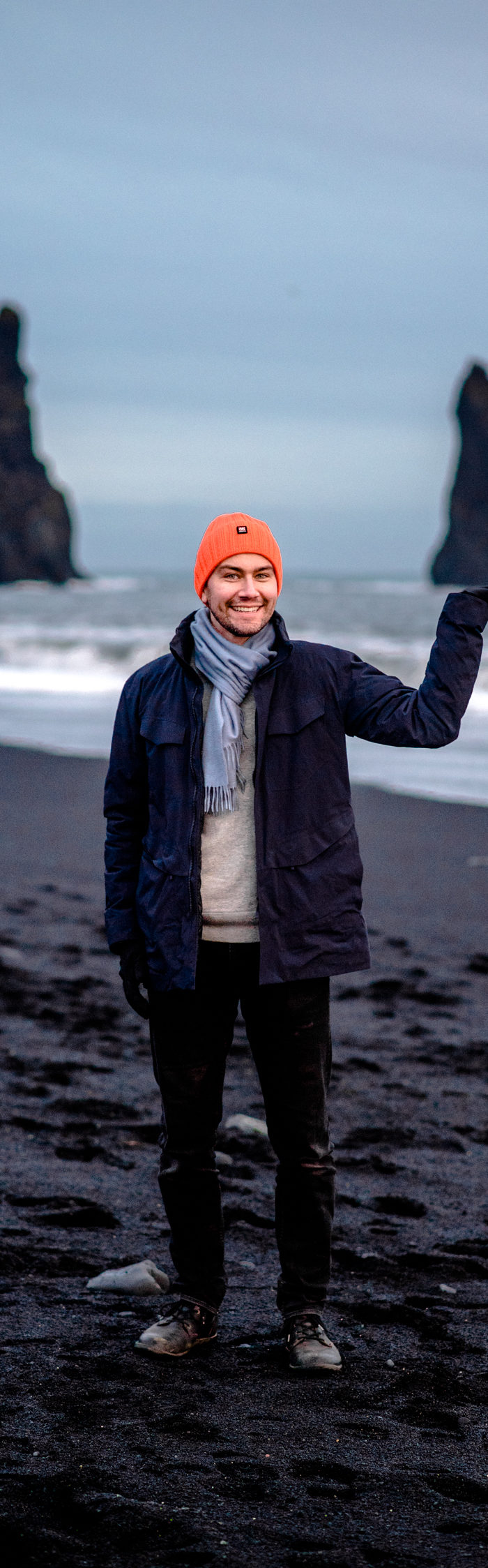 Torrance Coombs and wife Alyssa Campanella of The A List blog at Reynisfjara black sand beach on a road trip from Akureyri to Vik, Iceland