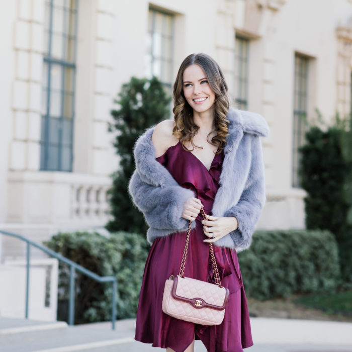 Alyssa Campanella of The A List blog shares her NYE outfit idea wearing Topshop Claire coat and Wayf Rachelle dress