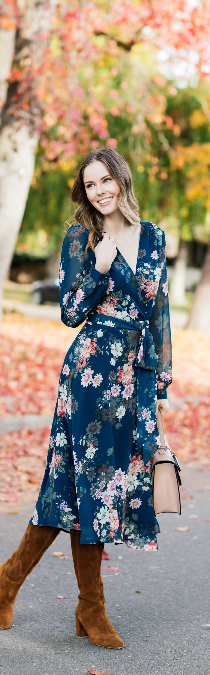 Alyssa Campanella of The A List blog sharing her favorite winter floral dress wearing Yumi Kim Dance With Me Dress, Cuyana top handle bag, and Sezane Emilie boots.