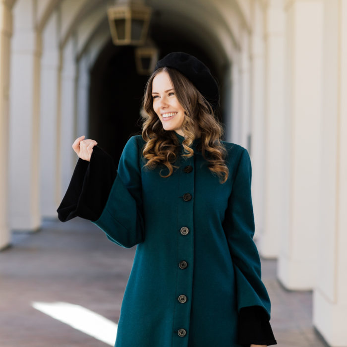 Alyssa Campanella of The A List blog channels her inner duchess wearing Frilly Audrey Coat and Clare V Alistair bag