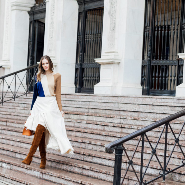 Alyssa Campanella of The A List blog wearing Sezane sweater, Sezane Emilie boots, and MARQUES'ALMEIDA skirt while sharing my birthday wishes for turning 28