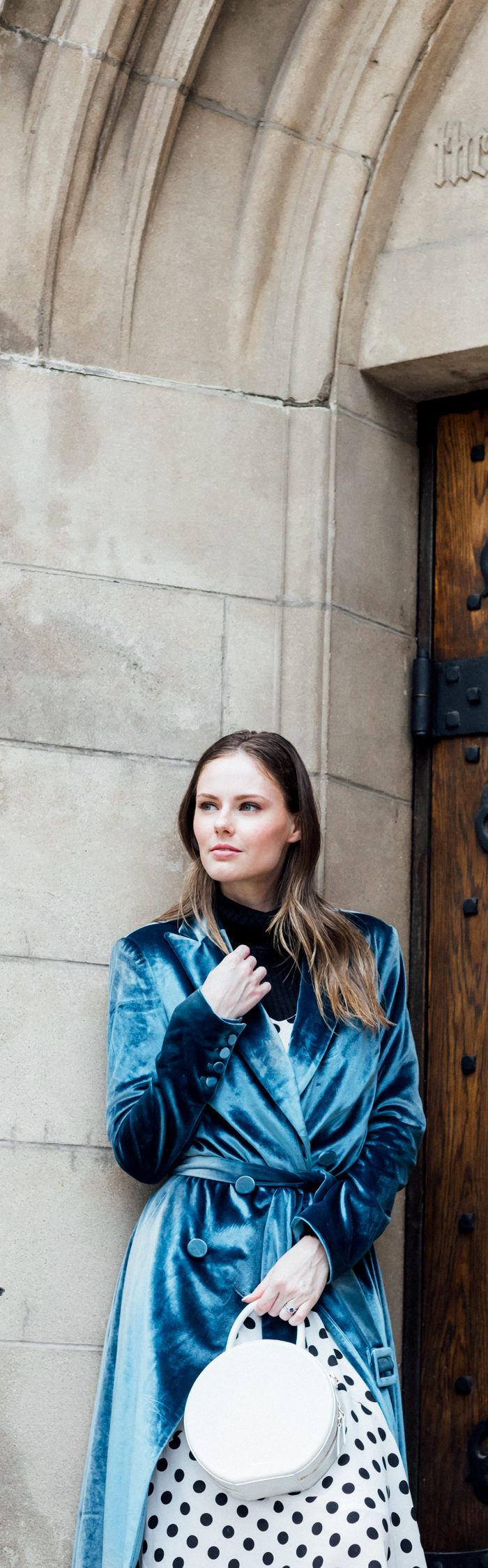 Alyssa Campanella of The A List blog shares 4 Reasons Why I Love Europe wearing Self Portrait Draped Duck Egg Velvet Coat and M. Gemi Fortuna flats