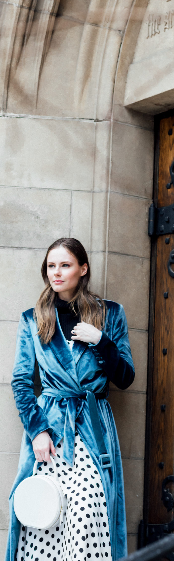 Alyssa Campanella of The A List blog shares 4 Reasons Why I Love Europe wearing Self Portrait Draped Duck Egg Velvet Coat and M. Gemi Fortuna flats