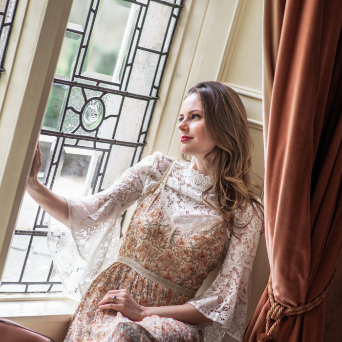 Alyssa Campanella of The A List blog wears the Aubrey dress from Paige denim at the romantic Irish castle Cabra Castle in Ireland