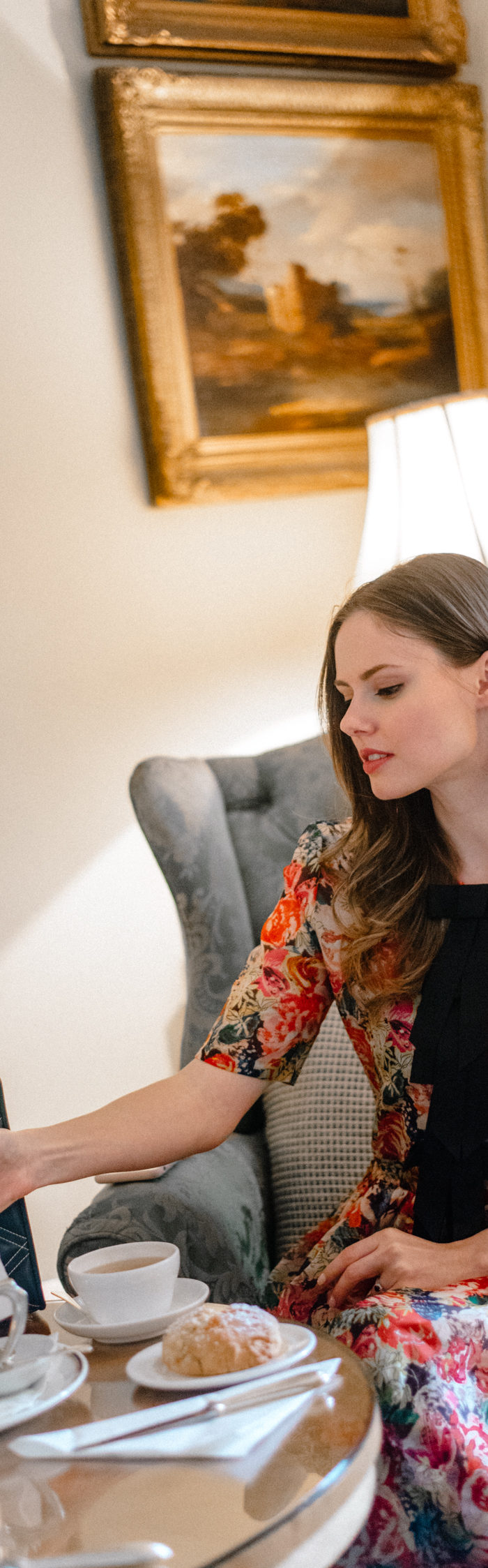 Alyssa Campanella of The A List enjoys afternoon tea at Marlfield House with the Strathberry Quilted Midi Tote Bag