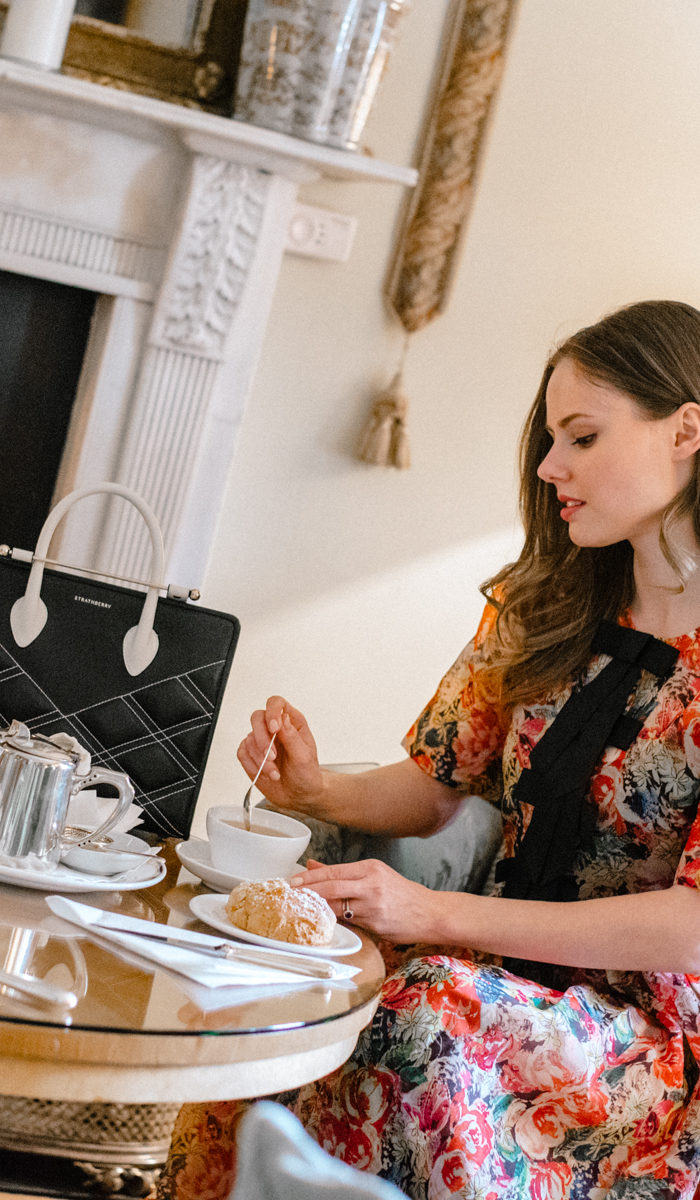 Alyssa Campanella of The A List enjoys afternoon tea at Marlfield House with the Strathberry Quilted Midi Tote Bag
