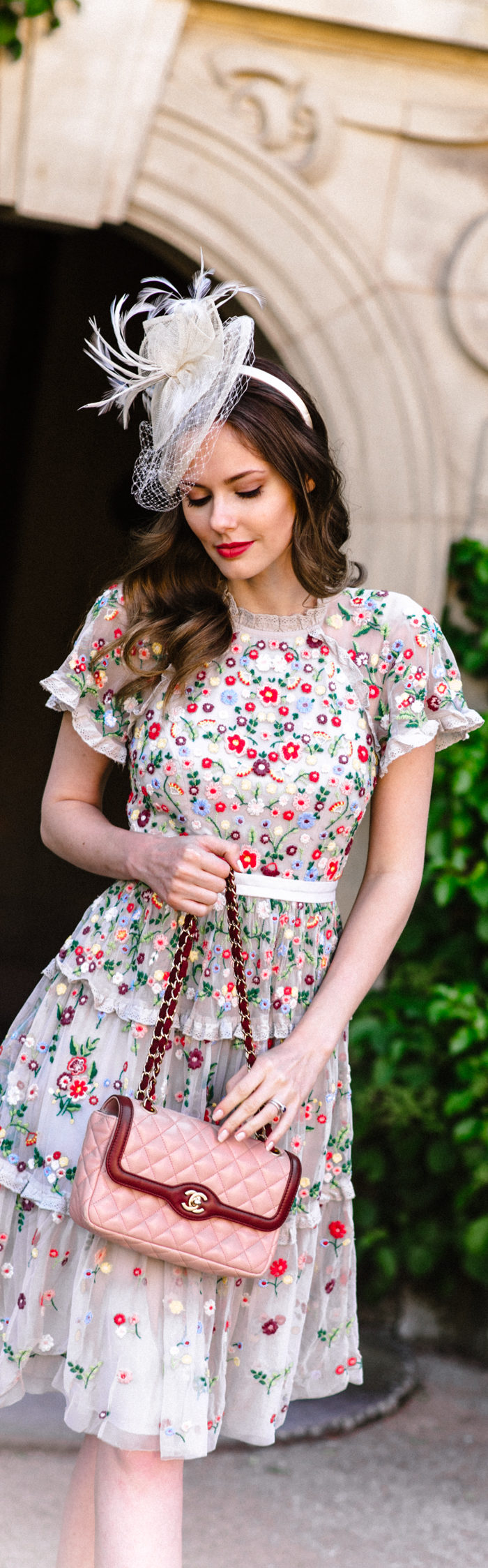 Alyssa Campanella of The A List blog wears Needle & Thread London Lasy Daisy dress for the royal wedding 2018