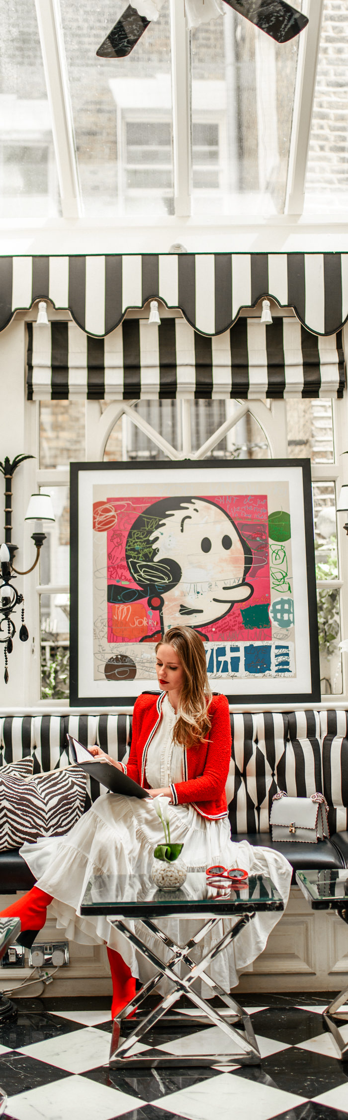 Alyssa Campanella of The A List blog experiences luxury in London at the Milestone hotel wearing The Kooples jacket, Ulla Johnson dress, and Fendi Kan I bag