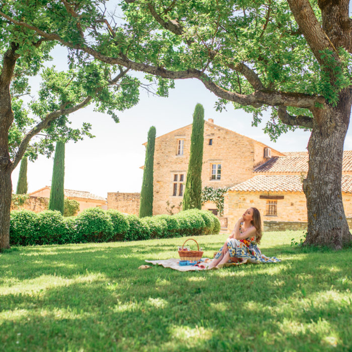 Alyssa Campanella of The A List blog visits La Verrière in Provence, France wearing Dolce & Gabbana majolica dress