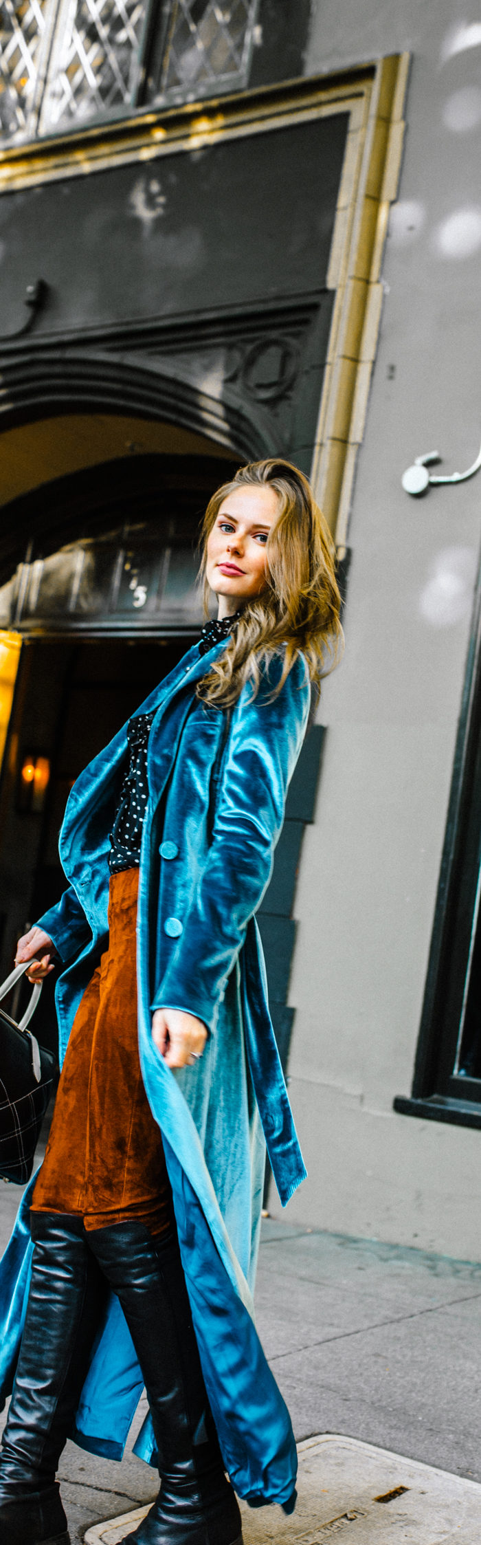 Alyssa Campanella of The A List blog travels to San Francisco with Alaska Airlines and Shopstyle wearing Self Portrait velvet maxi coat and Strathberry midi tote