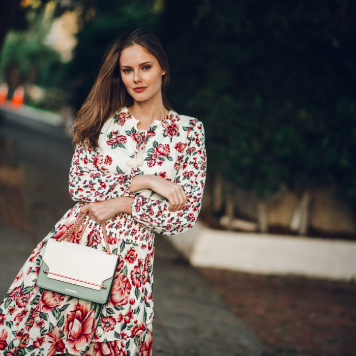 Alyssa Campanella of The A List blog shares the perfect fall floral dress wearing Farm Rio for Anthropologie