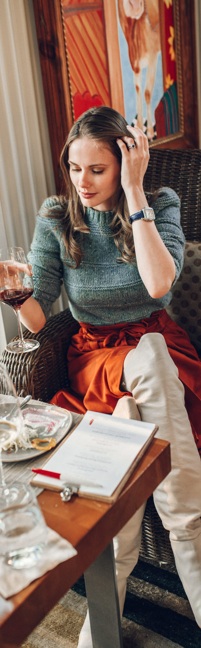 Alyssa Campanella of The A List blog visits B Cellars for Cabernet season 2018 wearing Sezane Zia skirt, What For ivory boots, and Boyy Boutique karl bag