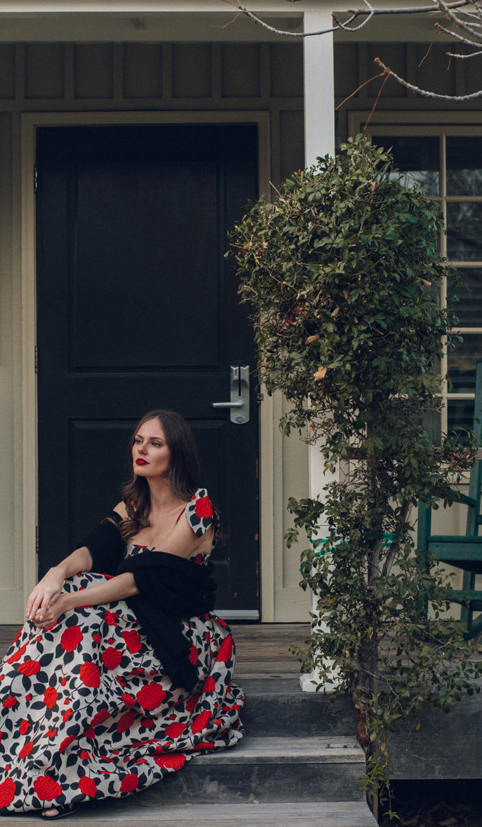 Alyssa Campanella of The A List blog visits Carneros Resort & Spa in November 2018 for cabernet season in a Harvest Cottage wearing Georgia Hardinge poppy willow dress