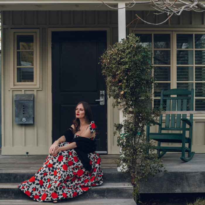 Alyssa Campanella of The A List blog visits Carneros Resort & Spa in November 2018 for cabernet season in a Harvest Cottage wearing Georgia Hardinge poppy willow dress