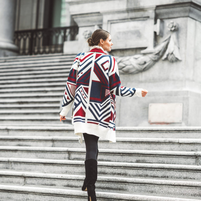 Alyssa Campanella of The A List blog shares the best in sweater coats wearing Tularosa Page sweater, Raye Maple boots, and Strathberry East West stylist bag.