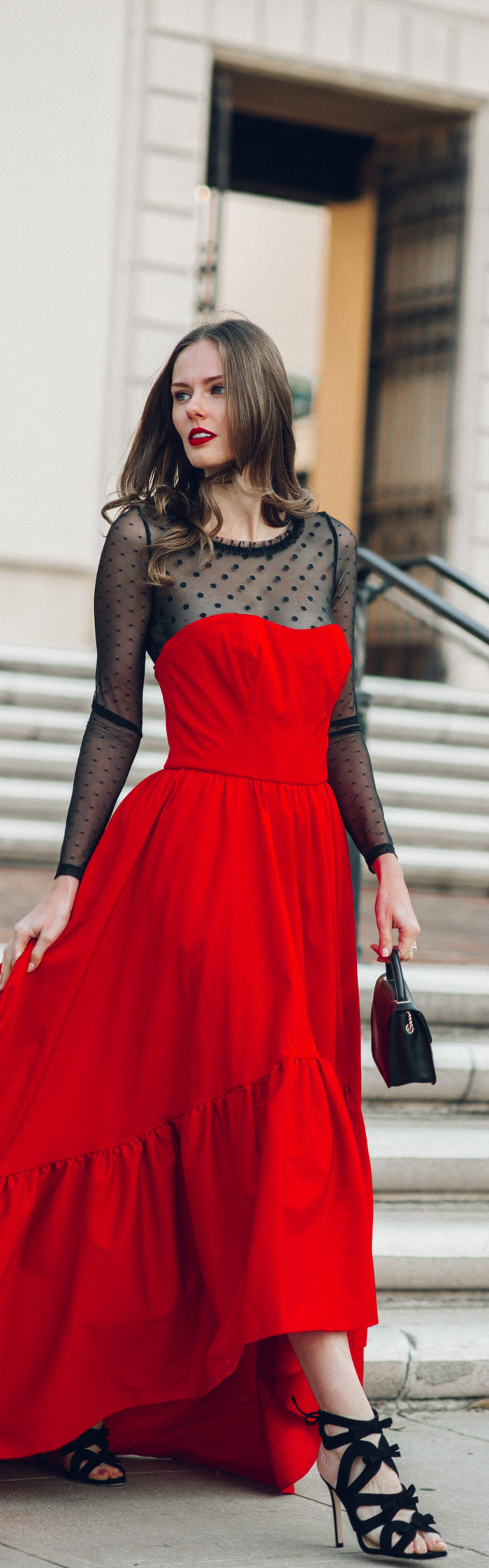 Alyssa Campanella of The A List blog shares her holiday looks wearing Mestiza NY gown and Intimissimi j'adore bodysuit