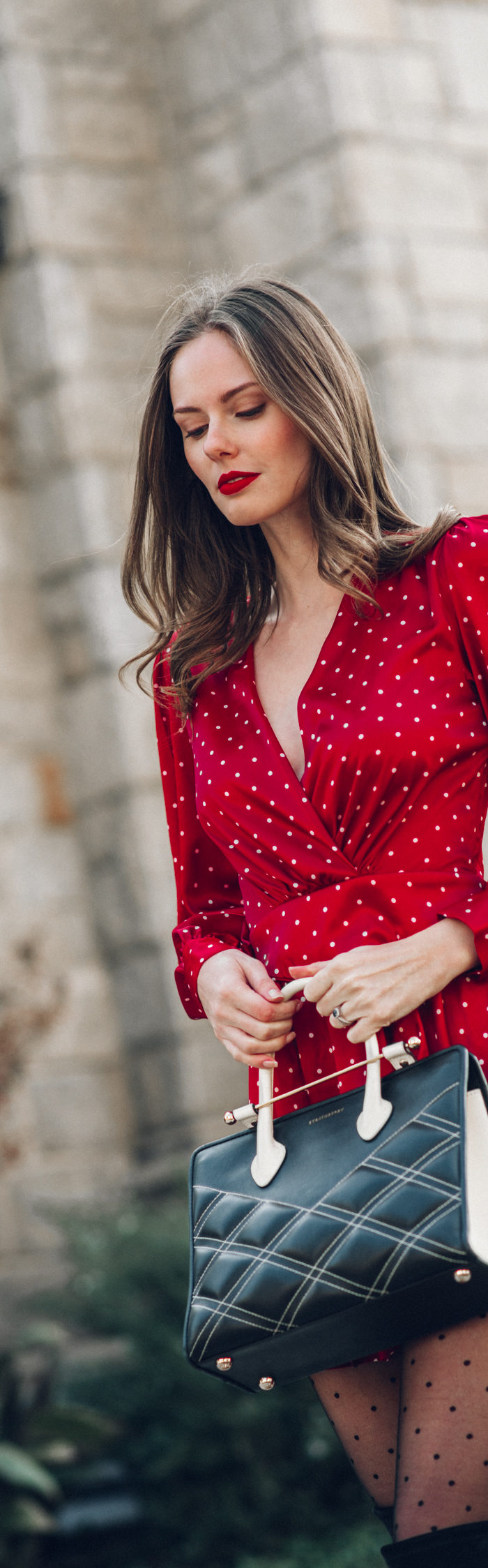 Alyssa Campanella of The A List blog shares her tricks for gorgeous hair wearing L'Academie Stella dress with Strathberry Midi Tote bag