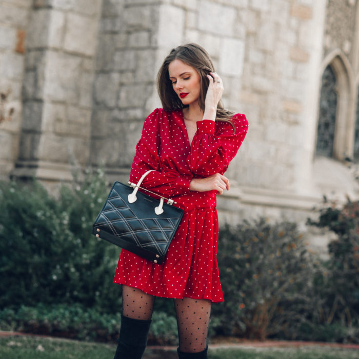 Alyssa Campanella of The A List blog shares her tricks for gorgeous hair wearing L'Academie Stella dress with Strathberry Midi Tote bag