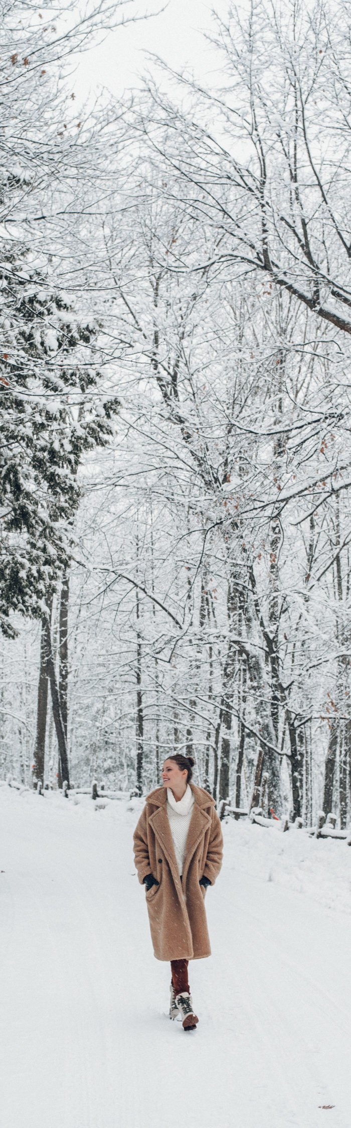 Alyssa Campanella of The A List blog visits Manoir Hovey in Québec wearing Storets Teddy Coat, Joseph suede pants, and Frye Samantha hiker boots