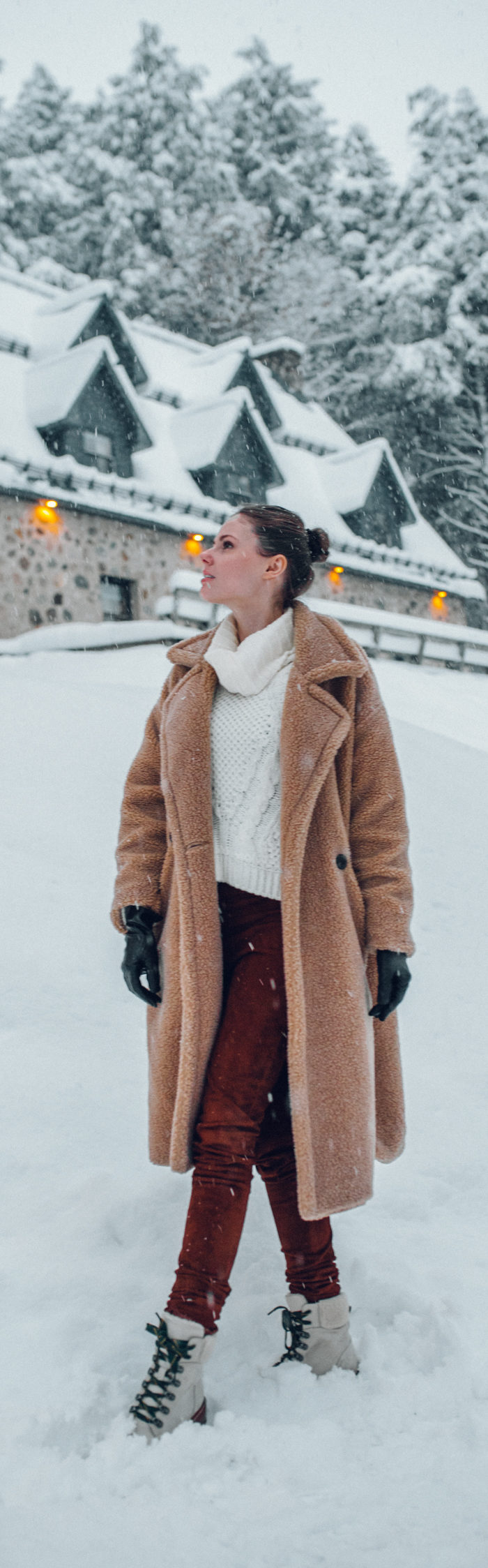 Alyssa Campanella of The A List blog visits Balnea Spa in Québec wearing Storets teddy coat, Joseph suede pants, and Frye Samantha hiker boots