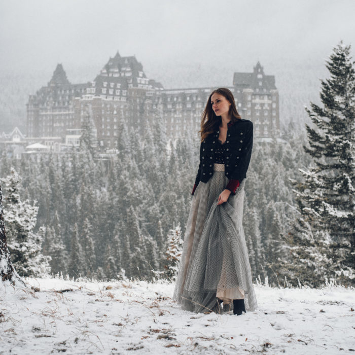 Alyssa Campanella of The A List blog experiences romance in the snow with her husband in Banff, Alberta, Canada at the Fairmont Banff Springs wearing Zimmermann Tempest ballet skirt