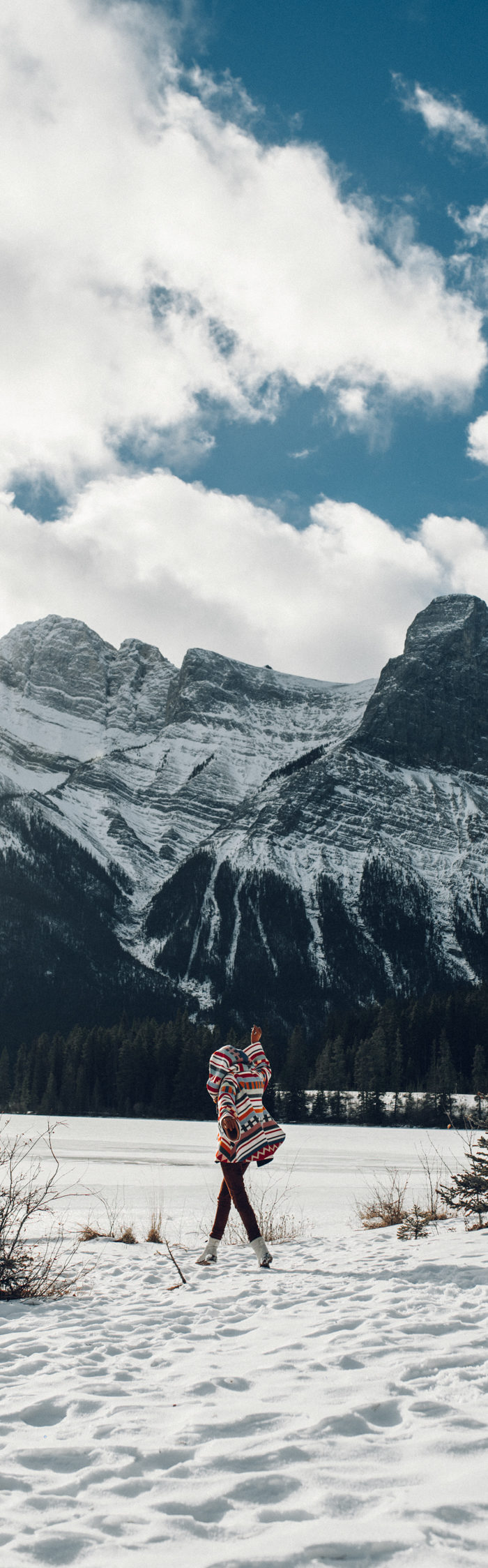 Alyssa Campanella of The A List blog wears Lindsey Thornburg cape and experiences romance in the snow with her husband in Alberta, Canada