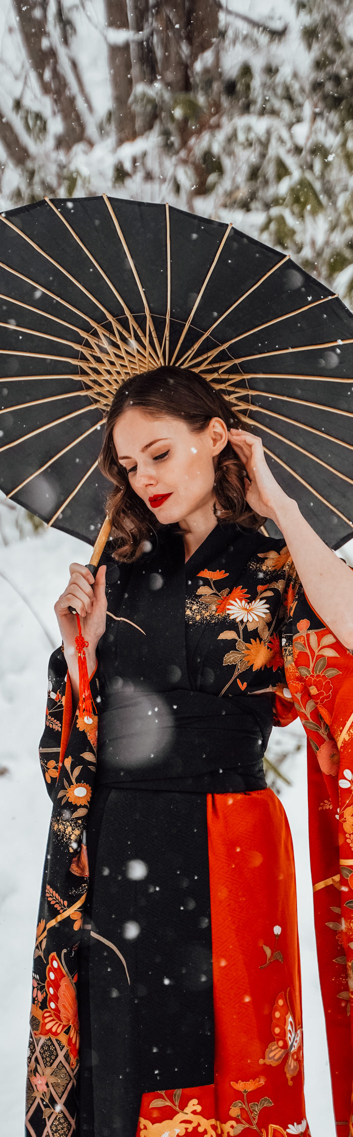 Alyssa Campanella of The A List blog wears a Japanese kimono furisode in Hokkaido, Japan