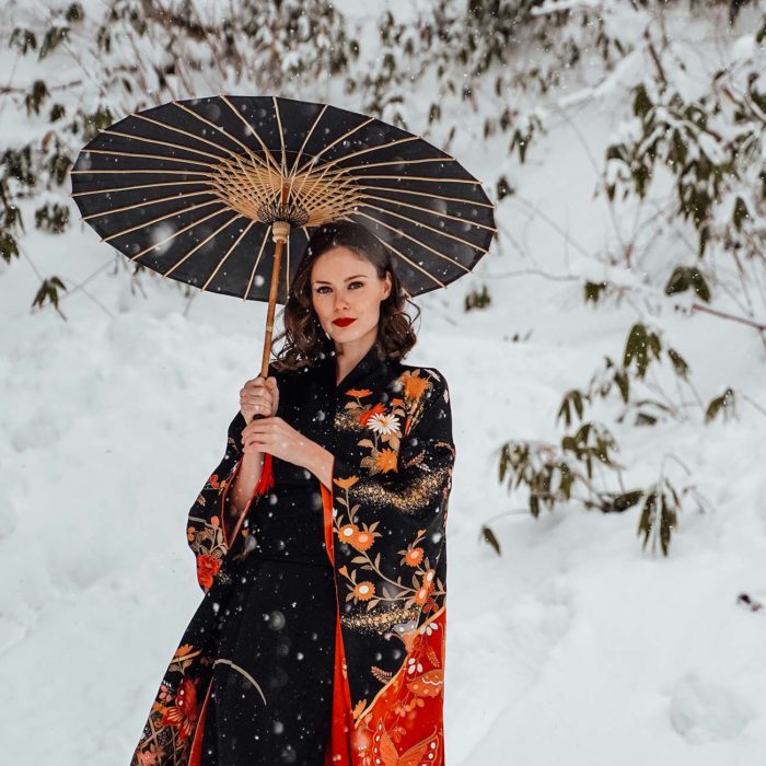Alyssa Campanella of The A List blog wears a Japanese kimono furisode in Hokkaido, Japan